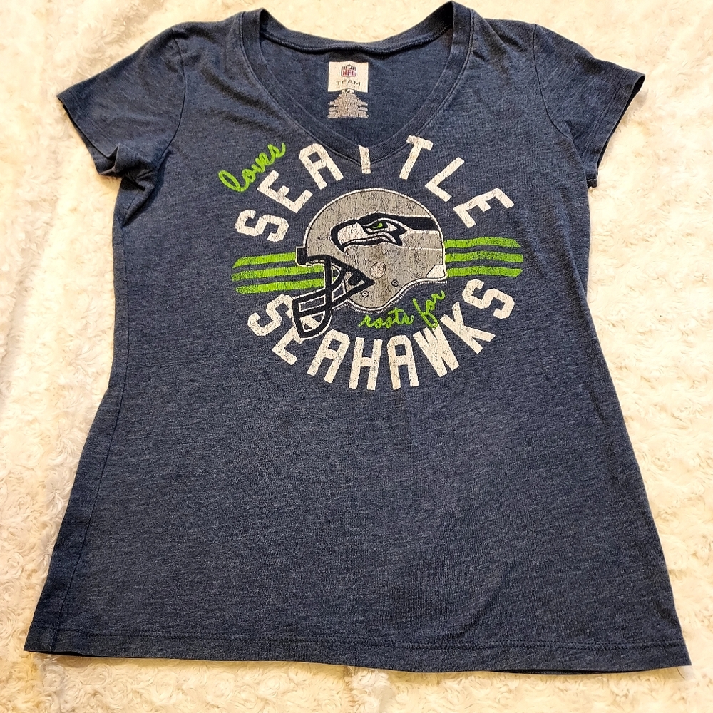 NFL Team apparel Seattle Seahawks Football blue vneck t-shirt Small